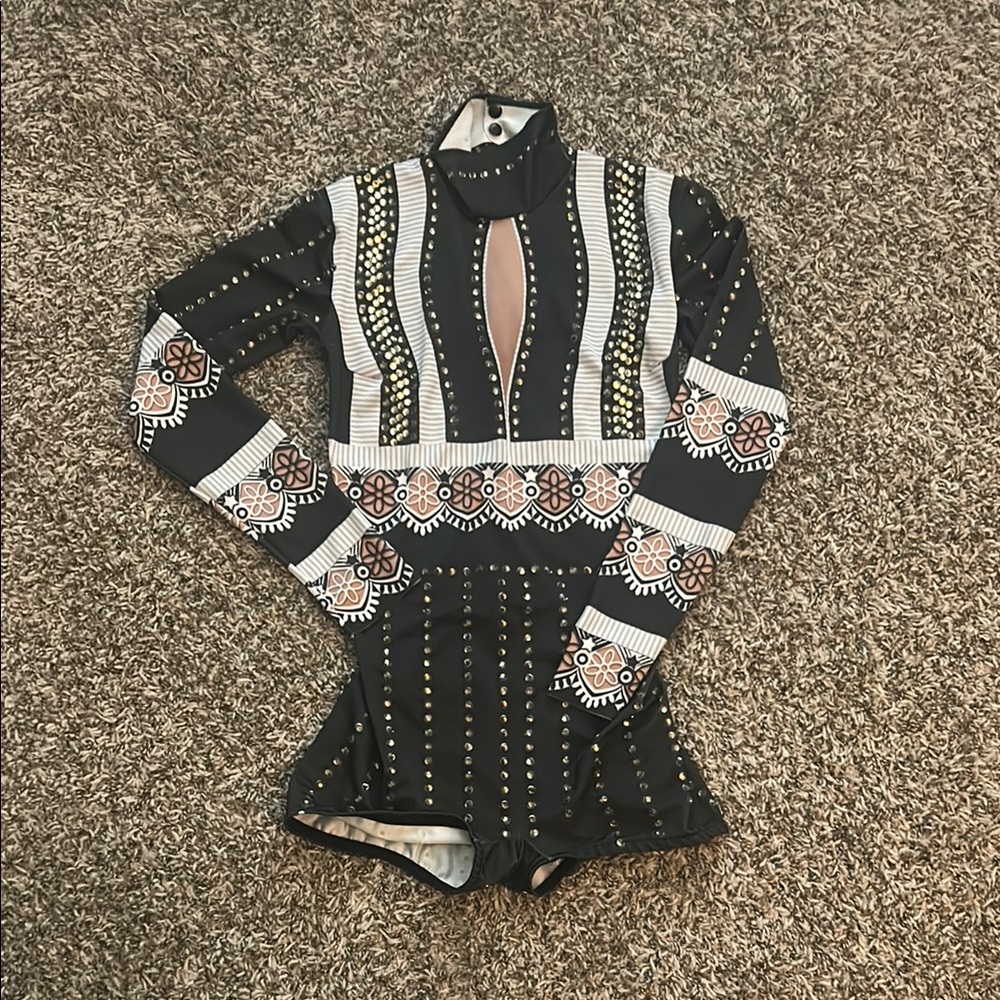 Black and Tan Patterned Long Sleeve one piece shorts w/rhinestones